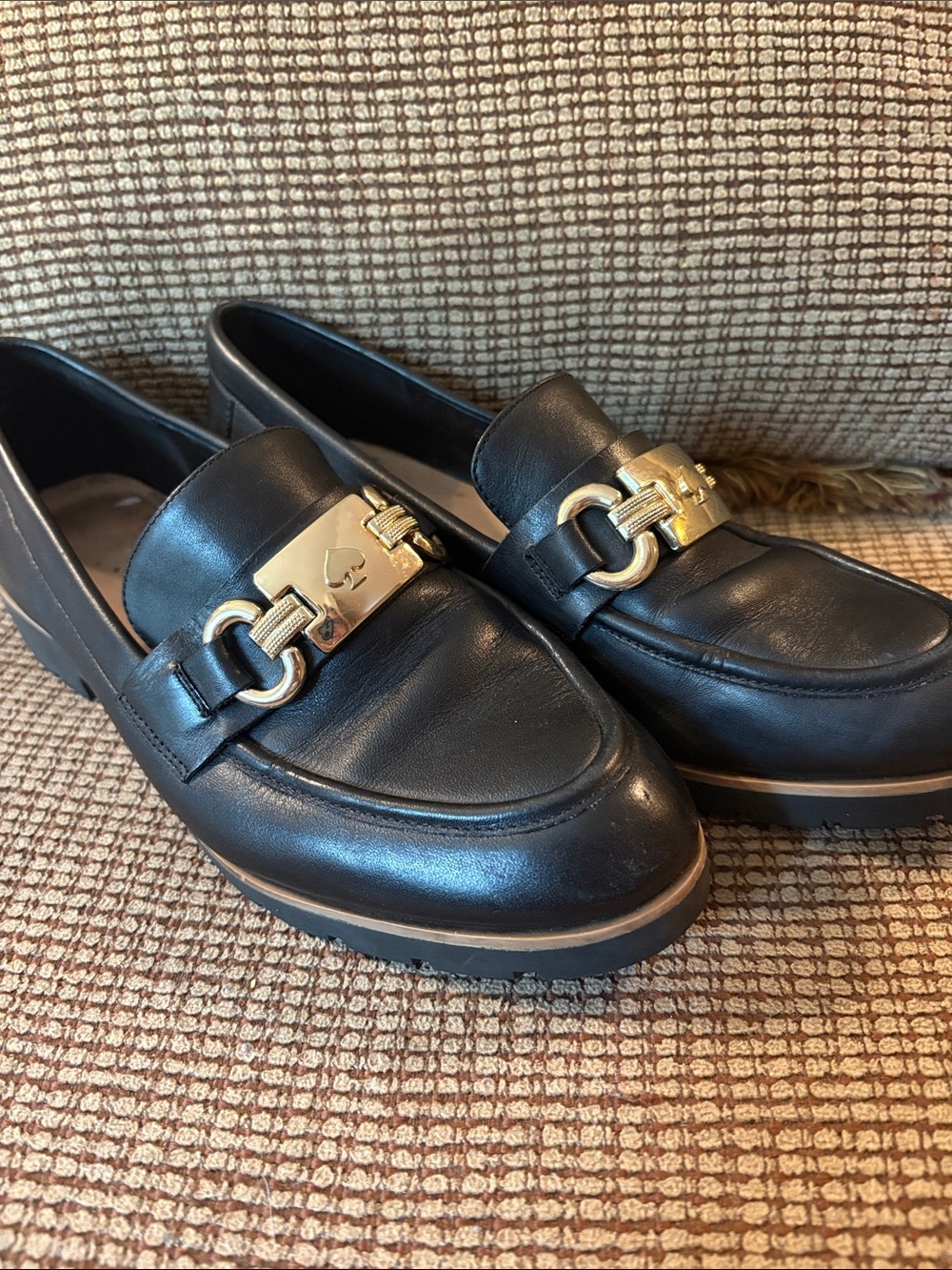 Kate Spade Black Leather Womans Slip-On Loafers with Gold Plate